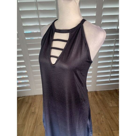 Casual Blue Gray Ombre Slip Dress L Halter Stretch Lounge Pockets - Picture 9 of 11